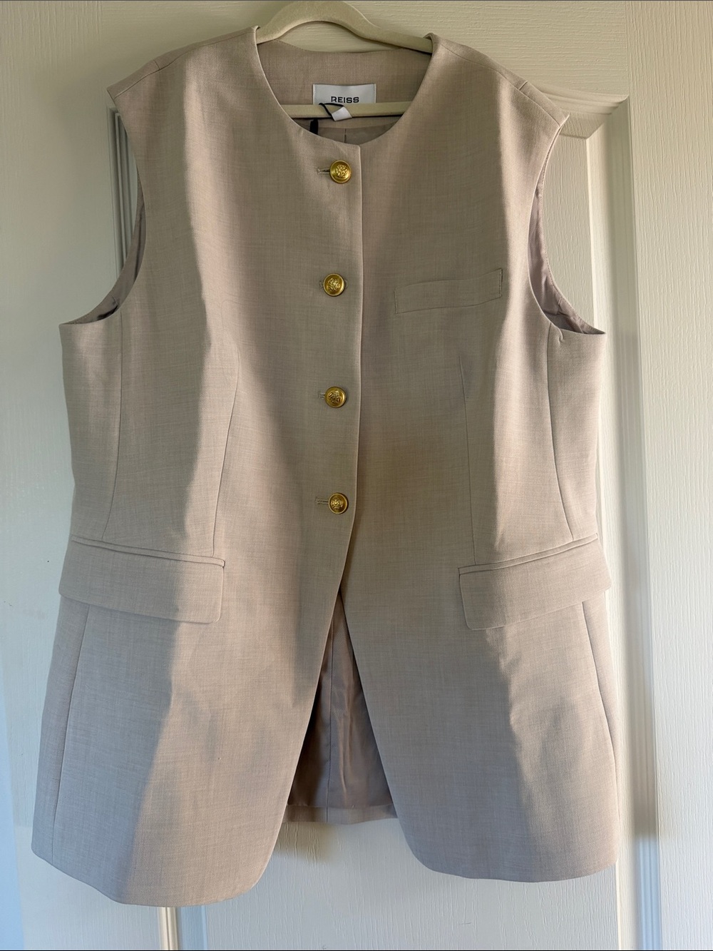 Reiss Sleeveless Tailored Vest in Beige with Gold Buttons